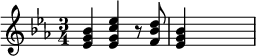 {\set Staff.midiInstrument = #"Orchestral Harp" \key es \major \time 3/4 <es' g' bes'>4 <es' g' c'' es''> r8 <f' bes' d''>8 <es' g' bes'>4 \skip2}