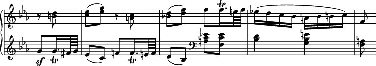 
 \relative c' {
  \new PianoStaff <<
   \new Staff \with { \remove "Time_signature_engraver" } { \key es \major \time 2/4 \partial 4
    \override Score.NonMusicalPaperColumn #'line-break-permission = ##f
    r8 <d' b> <es c>( <g es>) r <c, a> <d bes!>( <f d>) f f16.\trill e64 f
    es!16( d c bes a bes b c) f,8
   }
   \new Staff \with { \remove "Time_signature_engraver" } { \key es \major \time 2/4
    g8_\sf g16._\trill fis64 g es8( c) f! f16._\trill e64 f d8( bes) \clef bass <es! c a> <es c f,>
    <d bes>4 <e bes g> <a, f>8
   }
  >>
 }
