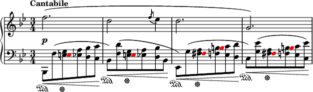 
    {
      \new PianoStaff <<
        \new Staff <<
            \new Voice \relative c'' {
                \tempo "Cantabile"
                \clef treble \key bes \major \time 3/4
                \override DynamicLineSpanner.staff-padding = #2.5
                f2.\p( d2 \acciaccatura { f8 } es4 d2. g,2.)
                }
            >>
        \new Staff <<
            \new Voice \relative c {
                \clef bass \key bes \major \time 3/4
                \override NoteHead.color = #red \hide Stem s4 e8 s4.
                s4 e8 s4.
                s4 fis8 b s4
                s4 fis8 b s4
                }
            \new Voice \relative c, {
                \clef bass \key bes \major \time 3/4
                bes8\<\sustainOn_[ f''^( <e g>\sustainOff <es a> <d bes'> <c c'>]\! 
                bes8\<\sustainOn_[) <f' d'>^( <e g>\sustainOff <es a> <d bes'> bes]\!
                es,8\<\sustainOn_[) g'^( <fis a>\sustainOff <f b> <es c'> <d d'>]\! 
                c8\<\sustainOn_[) <g' es'>^( <fis a>\sustainOff <f b> <es c'> <c es'>])\! 
                }
            >>
    >> }
