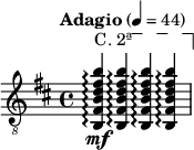 
\relative c \new Staff {
  \key b \minor \time 4/4 \clef "treble_8"
  \set Staff.midiInstrument = "acoustic guitar (nylon)"
  \tempo "Adagio" 4 = 44
  \override TextSpanner #'dash-fraction = #'()
  \override TextSpanner #'font-shape = #'upright
  \override TextSpanner #'(bound-details left text) = \markup { "C. 2ª" }
  \override TextSpanner #'(bound-details right text) = \markup { \draw-line #'(0 . -2) }
  \override TextSpanner #'(bound-details right padding) = #-3
  \override TextSpanner #'(bound-details left stencil-align-dir-y) = #0.8
  \stemUp
  <b fis' b d fis b>4\mf\arpeggio \startTextSpan q\arpeggio q\arpeggio q\arpeggio \stopTextSpan |
}
