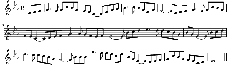 \new Staff \relative d'{

    \clef "treble" \key es \major \time 4/4 \partial 4. d8 [ es8 f8 ] | % 1
    g4. f8 g8 [ c8 bes8 g8 ] | % 2
    f8 [ es8 ] c4 ~ c8 [ es8 g8 as8 ] | % 3
    bes4. c8 bes8 [ g8 es8 g8 ] | % 4
    f2 ~ f8 d8 es8 [ f8 ] | % 5
    g4. f8 g8 [ c8 bes8 g8 ] \break | % 6
    f8 [ es8 ] c4 ~ c8 [ d8 es8 f8 ] | % 7
    g4. as8 g8 [ f8 es8 f8 ] | % 8
    es2 ~ es8 bes'8 [ c8 d8 ] | % 9
    es4. d8 d8 [ c8 bes8 g8 ] | \barNumberCheck #10
    bes8 [ g8 ] es4 ~ es8 bes'8 [ c8 d8 ] \break | % 11
    es4. d8 d8 [ c8 bes8 g8 ] | % 12
    f2~f8 bes8 [ bes8 bes8 ] | % 13
    g'4. f8 f8 [ es8 ] c8 [ es8 ] | % 14
    bes8 [ g8 ] es4 ~ es8 [ d8 es8 f8 ] | % 15
    g8 [ c8 bes8 g8 ] f8 [ es8 c8 d8 ] | % 160
    es1 \bar "|."
}