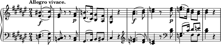 
 \relative c' {
  \new PianoStaff <<
   \new Staff { \key fis \major \time 2/4 \tempo "Allegro vivace."
    \override DynamicLineSpanner #'staff-padding = #1.5
    \override DynamicLineSpanner #'Y-extent = #'(-1.0 . 1.0)
    \override TextScript #'Y-extent = #'(-2.0 . 2.0)
    <bis' fis>4.\f( ^\( <cis eis,>8) \) <gis eis> r r <ais fis>\p <b! dis,>8.( <ais cis,>16) <gis b,>8 <fis ais,> <eis gis,>4 r
    <cis' ais>4.\f ( <dis b>8) <e cis>4 r8 <fis dis>\p <gis e>8.( <e cis>16) <dis b>8 <cis ais> <dis b>4 r
   }
   \new Staff { \key fis \major \time 2/4 \clef bass
    <<
     {
      \stemDown <fis,, d>4.( <gis cis,>8) \stemUp <cis, b!> d\rest d\rest <cis ais> gis8.( ais16) b8 bis cis4 d4\rest \clef treble
      <g' e>4.( <fis dis>8) <e cis>4 b'8\rest \clef bass \once \stemDown <dis, b> gis,8.( cis16) dis8 e \stemDown <dis b>4 d,\rest
     }
    \\
     { s2 s2 s2 s2 s2 s2 e4 fis8 fis s4 }
    >>
   }
  >>
 }
