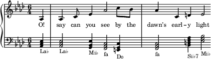 
\new GrandStaff <<
  \new Staff \with { midiInstrument = "piano" \magnifyStaff #5/7 }
  \transpose c as {
    {
      \override Score.NonMusicalPaperColumn.padding = #1.5
      \tempo 4 = 104
      \time 6/4
      \key c \major
      \set Score.tempoHideNote = ##t
      \relative c {
      \partial 4 c4 c4. e8 g4 c2 e8 d c4 e, fis g2
      }
    }
  }
  \addlyrics {
    \override LyricText.font-size = #-2
     O! say can you see by the dawn’s earl -- y light
  }
  \new Staff \with { midiInstrument = "piano" \magnifyStaff #5/7 }
  \transpose c as {
    \clef bass
    \key c \major
    \relative c, {
     <c e g>4-"La♭" <c e g>2-"La♭" <b d g>4-"Mi♭" <a c e>2-"fa" <gis b e>4-"Do" <a c e>2-"fa" <d fis a c>4-"Si♭7" <g b d>2-"Mi♭"
    }
  }
>>
