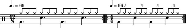 
    \new Staff <<
       \new voice \relative c' {
           \clef percussion
           \time 12/8
           \tempo 4. = 66       
           \stemDown \repeat volta 2 { g4. d' g, d' }
           \numericTimeSignature
           \time 4/4
           \tempo 4 = 66       
           \stemDown \repeat volta 2 { g,4 d' g, d' }
       }
       \new voice \relative c'' {
           \override NoteHead.style = #'cross
           \stemUp \repeat volta 2 { a8 a a a a a  a a a a a a }
           \stemUp \repeat volta 2 { \tuplet 3/2 { a8 a a } \tuplet 3/2 { a8 a a } \tuplet 3/2 { a8 a a } \tuplet 3/2 { a8 a a } }
       }
   >>
