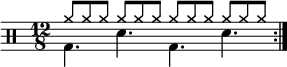     \new Staff <<
       \new voice \relative c' {
           \clef percussion
           \numericTimeSignature
           \time 12/8
           \set Score.tempoHideNote = ##t \tempo 4. = 80
           \stemDown \repeat volta 2 { g4. d' g, d' }
       }
       \new voice \relative c'' {
           \override NoteHead.style = #'cross
           \stemUp \repeat volta 2 { a8 a a  a a a  a a a  a a a }
       }
   >>