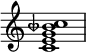 
{
\override Score.TimeSignature #'stencil = ##f
\relative c' { 
  \clef treble 
  \time 4/4
  <c e g beseh c>1
} }
