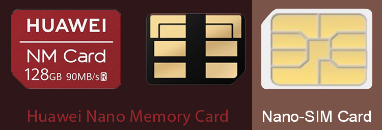 NM картица (власнички формат меморијске картице коју је креирао Хуавеј). Електронски контакти у поређењу са нано-сим картицом у истој скали.
