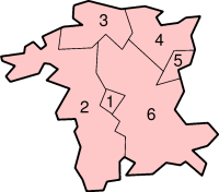 Okresy: 1 – Worcester; 2 – Malvern Hills; 3 – Wyre Forest; 4 – Bromsgrove; 5 – Redditch; 6 – Wychavon