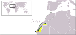 Territory claimed by the SADR, viz. Western Sahara. The majority (marked green) is currently administered by Morocco; the remainder (yellow) is named the Free Zone by SADR.