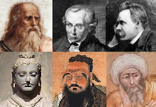 Солдан оңға қарай: Платон, Кант, Ницше, Будда, Конфуций, Ибн Рушд