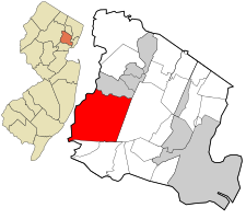 Location of Livingston in Essex County highlighted in red (right). Inset map: Location of Essex County in New Jersey highlighted in orange (left).