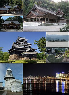 左上：熊野大社（上）与八重垣神社（日语：八重垣神社）（下） 右上：美保神社、左中：松江城的天守阁 右中：宍道湖的嫁岛（日语：嫁ヶ島）（上）与玉造温泉街（下） 左下：美保关灯塔（日语：美保関灯台）、右下：大桥川（日语：大橋川）的夜景