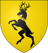 A coat of arms showing a black stag on a yellow field.