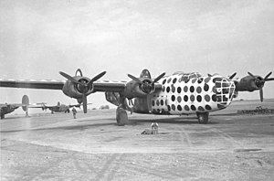 A four engined aircraft with a polka-dot paint scheme