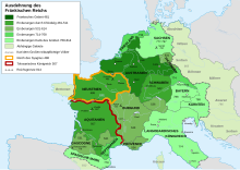 Unterschiedliche Eroberungsphasen, die sich bis nach Osteuropa und Italien strecken, sind farbig markiert.