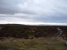 Dark coloured moorland stretching into the distance with grass in the foreground