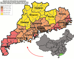 Carte de densité de population par districts au sein de la province du Guangdong