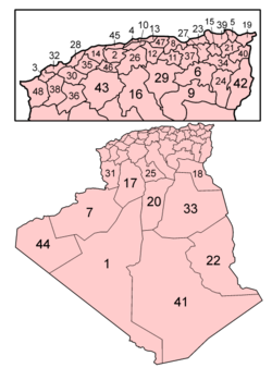 Harta e njësive administruese të Algjerisë sipas ABC-së.