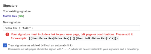 Error shown when the new user signature is invalid (doesn't contain a required link).
