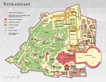 Grafik von der Vatikanstadt mit der Legende oben links. Wichtige Gebäuden und Grünanlagen sind farblich markiert. Der untere rechte Bereich der Stadt ist als italienisches Territorium markiert.