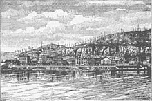 A black-and-white sketch of Pomeroy from the Ohio River