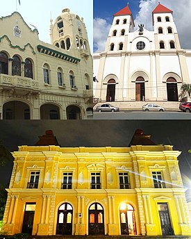 Dari atas, kiri ke kanan: Balai Kota San Miguel, Catedral-Basílica Reina de la Paz, Teatro nacional Francisco Gavidia