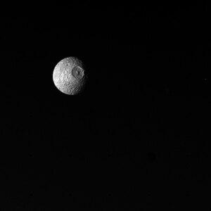 An image of Mimas taken by Voyager 1 from a distance of 550,000 km (340,000 miles) on November 12, 1980[37] during its flyby of Saturn.