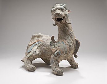 A sculpture of a Chinese Pixiu "Bìxié" − a female pixiu with two antlers. Los Angeles County Museum of Art (LACMA)