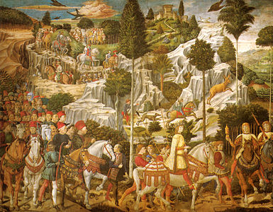 Capélla di Rè Mâgi, Cortêo co Loenso, Pêo e Gioâne de' Medici, 1459-1464 (Palasso Medici-Riccardi - Firénse)