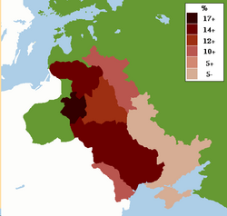 Mapa znázorňující procento židovské populace v zóně osídlení kolem roku 1905