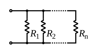 Circuit diagram of several resistors, labelled R1, R2 ... Rn, side by side, both leads of each connected to the same wires