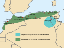 Carte du Magheb qui montre l'aire de d'origine de la culture caspienne sur les rives de la Méditerranée à travers les pays actuels Maroc, Algérie et Tunisie.