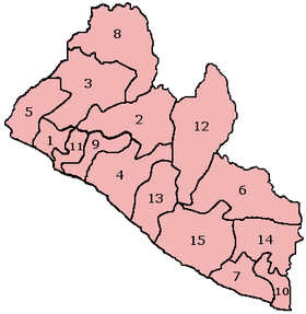 Zemljevid Liberije s petnajstimi okraji.