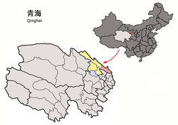 Location of Menyuan County (red) within Haibei Prefecture (yellow) and Qinghai