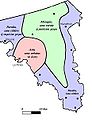 The division of Attica into urban (pink), inland (green), and coastal (blue) zones by Cleisthenes