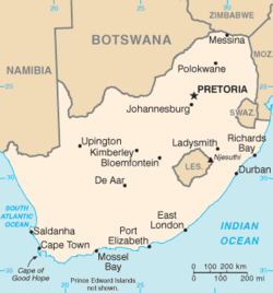 แผนที่แอฟริกาใต้แสดงตำแหน่งของเมืองโจฮันเนสเบิร์ก