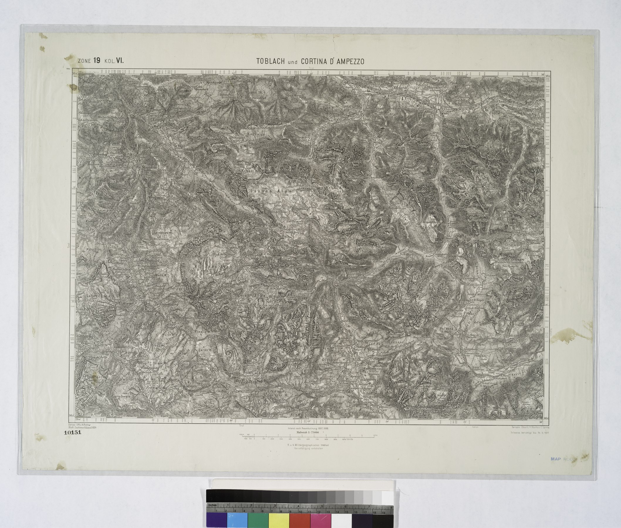 alte Karte mit Bergen und Tälern rundum (old map) bis zur Fanes Alpe im Westen und der Sennes Alpe im Norden.