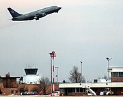 United Airlines flight taking off from MBS