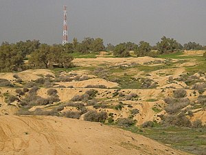 במרכז התמונה, מימין לשמאל, שרידי תוואי מסילת הברזל רפיח-באר שבע