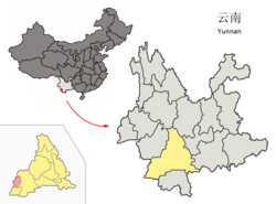 Location of Ximeng County (pink) and Pu'er Prefecture (yellow) within Yunnan province of China