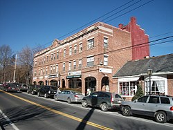 Historic three-story brick buildings in Bedford