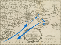 A 1778 map annotated to show the expedition's general route. A marks Newport, Rhode Island, B marks New Bedford and Fairhaven, Massachusetts, and C marks Martha's Vineyard.