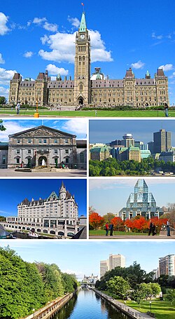 zleva doprava: Centre Block na vrchu Parliament Hill, rezidence guvernéra, městské centrum, hotel Château Laurier, Kanadská národní galerie a Rideau Canal