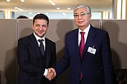 Volodymyr Zelenskyi and Kasym-Jomart Tokayev at the UN General Assembly (25 September 2019)