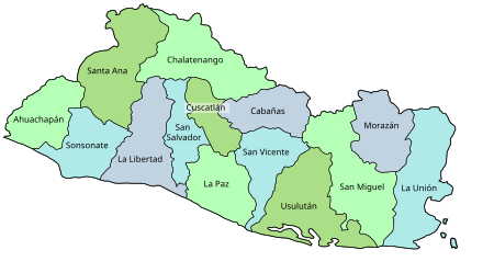 A map of El Salvador divided into its 14 departments