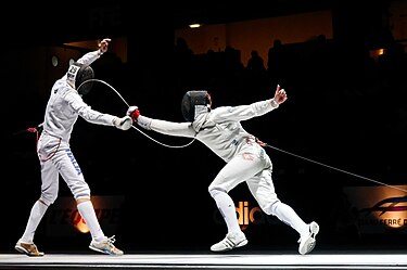 Final of the Challenge Réseau Ferré de France–Trophée Monal 2012 (épée world cup tournament in Paris): Diego Confalonieri (left) and Fabian Kauter (right).