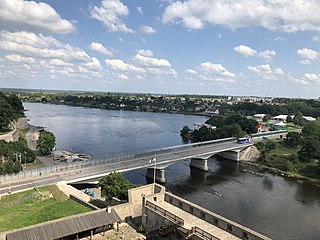 The Narva Friendship Bridge, spanning the Narva River between Narva, Estonia and Ivangorod, Russia