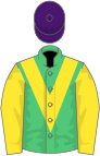 Emerald Green, yellow chevron and sleeves, purple cap