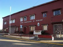 A red two-story building