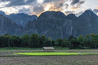 Parcelle carrée de rizière verte isolée au milieu de champs terreux, hutte au toit de paille et montagnes karstiques, sous des nuages colorés au coucher du soleil, dans la campagne de Vang Vieng, Province de Vientiane, Laos, durant la mousson. Juin 2020.